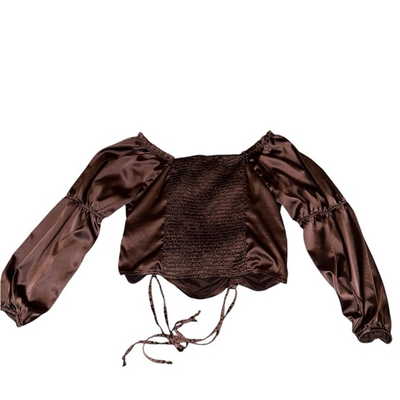 Satin-Like Brown Off The Shoulder Top - Picture 2 of 3